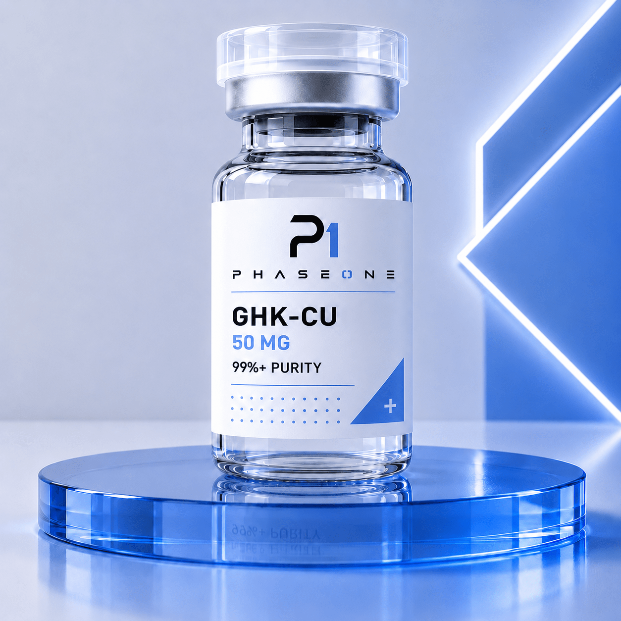 GHK-Cu 50mg / 100mg research peptide vial, lyophilised powder, ≥99% HPLC-verified purity - PhaseOne Australia