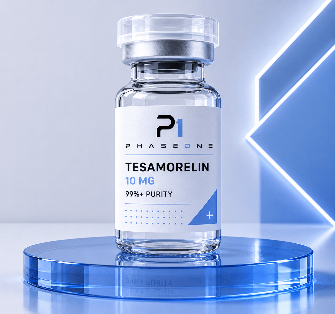 Tesamorelin 10mg GHRH research peptide vial, lyophilised powder, ≥99% HPLC-verified purity - PhaseOne Australia