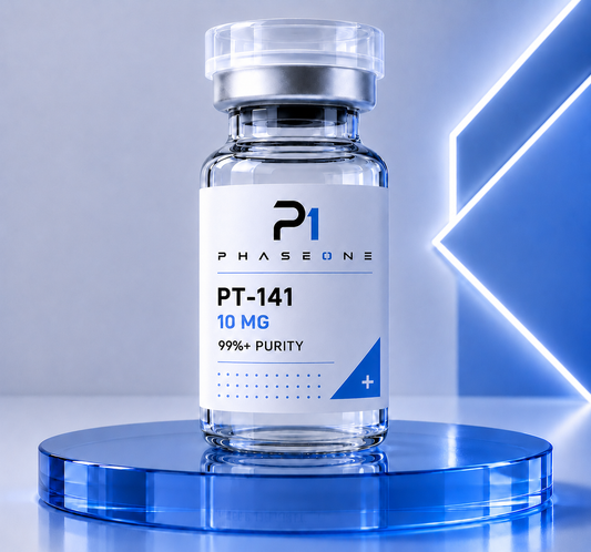 PT-141 10mg (bremelanotide) research peptide vial, lyophilised powder, ≥99% HPLC-verified purity - PhaseOne Australia