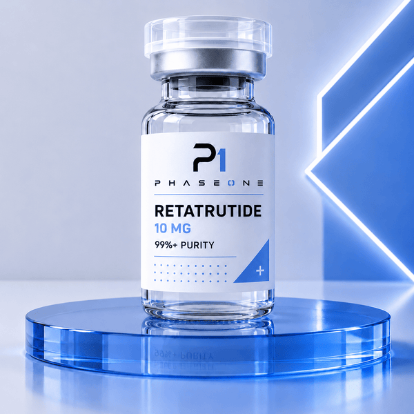 Retatrutide GIP/GLP-1/glucagon triple agonist research peptide vial, lyophilised powder, ≥99% HPLC-verified purity - PhaseOne Australia