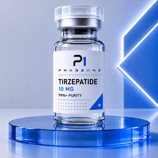 Tirzepatide 10mg research peptide vial, lyophilised powder, ≥99% HPLC-verified purity - PhaseOne Australia